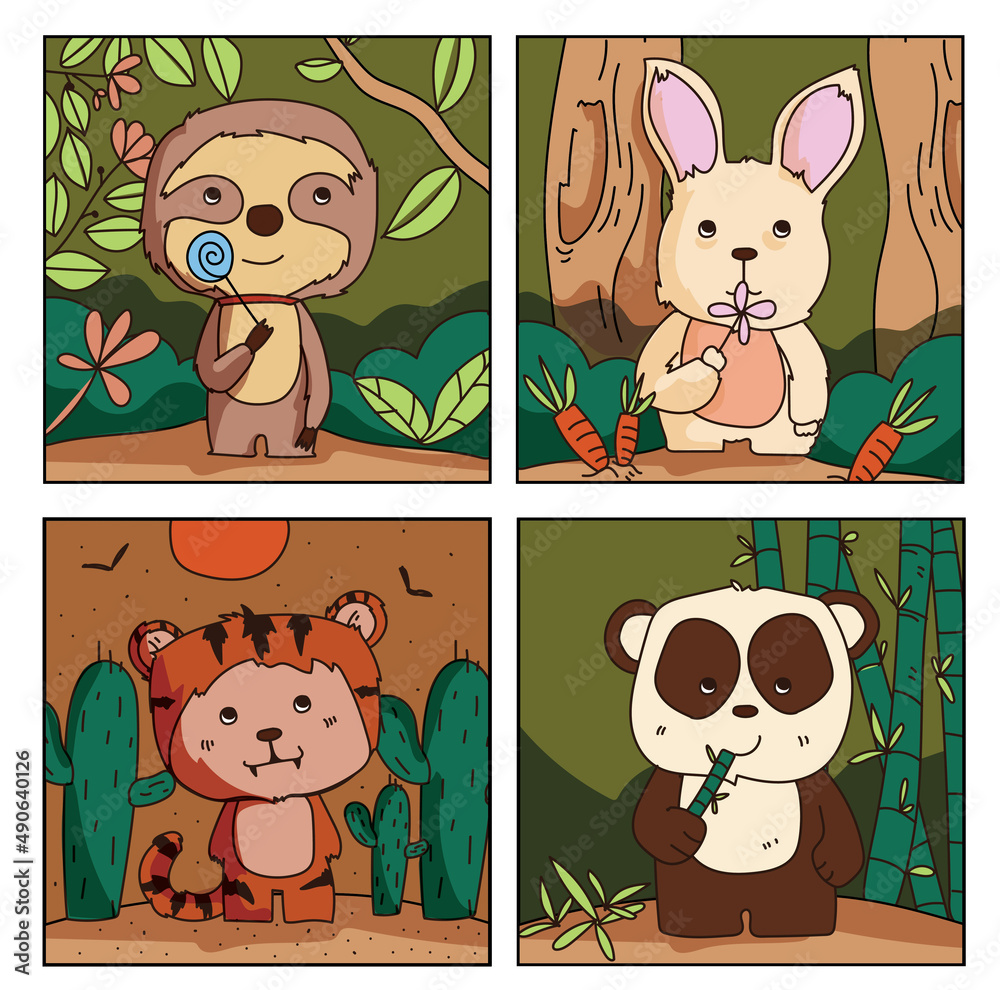 Set of cute hand drawn wild animals stand and eating food in the jungle.  Monkey. Rabbit. Tiger. Panda islolated on white backfground flat vector  illustration Stock Vector | Adobe Stock