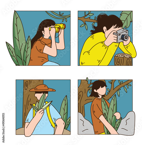 Tourist, hiking people, adventures, taking a photo, using binoculars in forest nature isolated on white background flat vector illustration