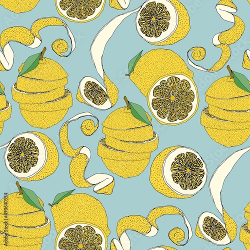 Vector seamless pattern with lemons on a blue background.