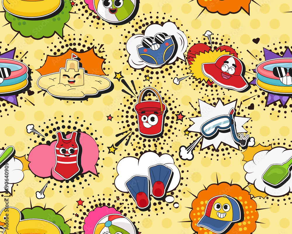 Vector flat seamless texture pattern Hand drawn flat trendy cartoon elements collection Children Summer Vector flat seamless texture pattern Hand drawn flat trendy cartoon elements collection Children Summer