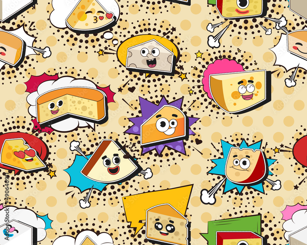 Vector flat seamless texture pattern Hand drawn flat trendy cartoon elements collection Cheese