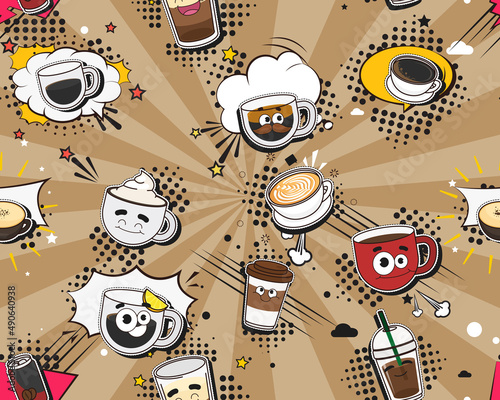 Vector flat seamless texture pattern Hand drawn flat trendy cartoon elements collection Coffee