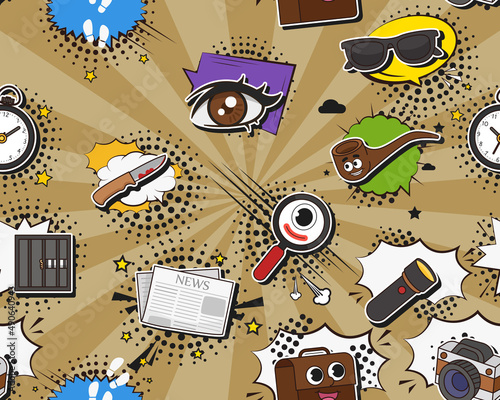Vector flat seamless texture pattern Hand drawn flat trendy cartoon elements collection Detective story