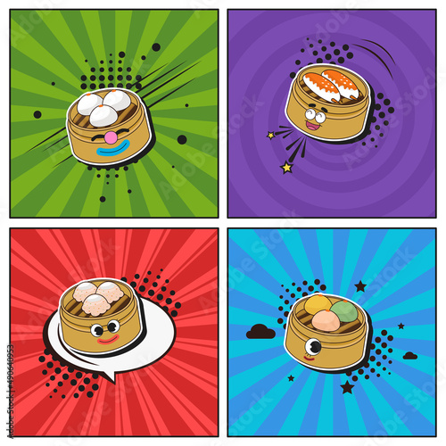Hand drawn flat trendy cartoon elements collection Dim sum