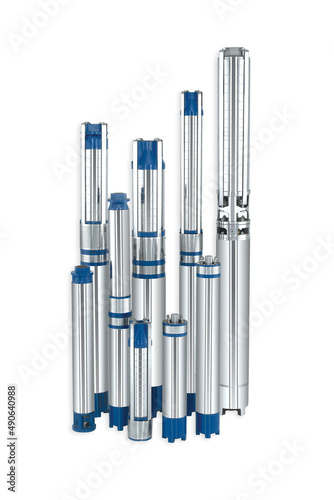 Set pumps with float. Submersible borehole supplying clean water great depth house, watering garden. Wells. Isoated white background Water Pump