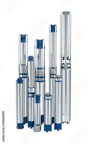 Set pumps with float. Submersible borehole supplying clean water great depth house, watering garden. Wells. Isoated white background Water Pump