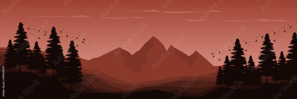 sunrise mountain with forest silhouette landscape vector illustration design for wallpaper design, design template, background template, and tourism design template