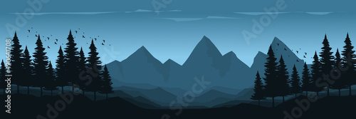 sunrise mountain with forest silhouette landscape vector illustration design for wallpaper design, design template, background template, and tourism design template