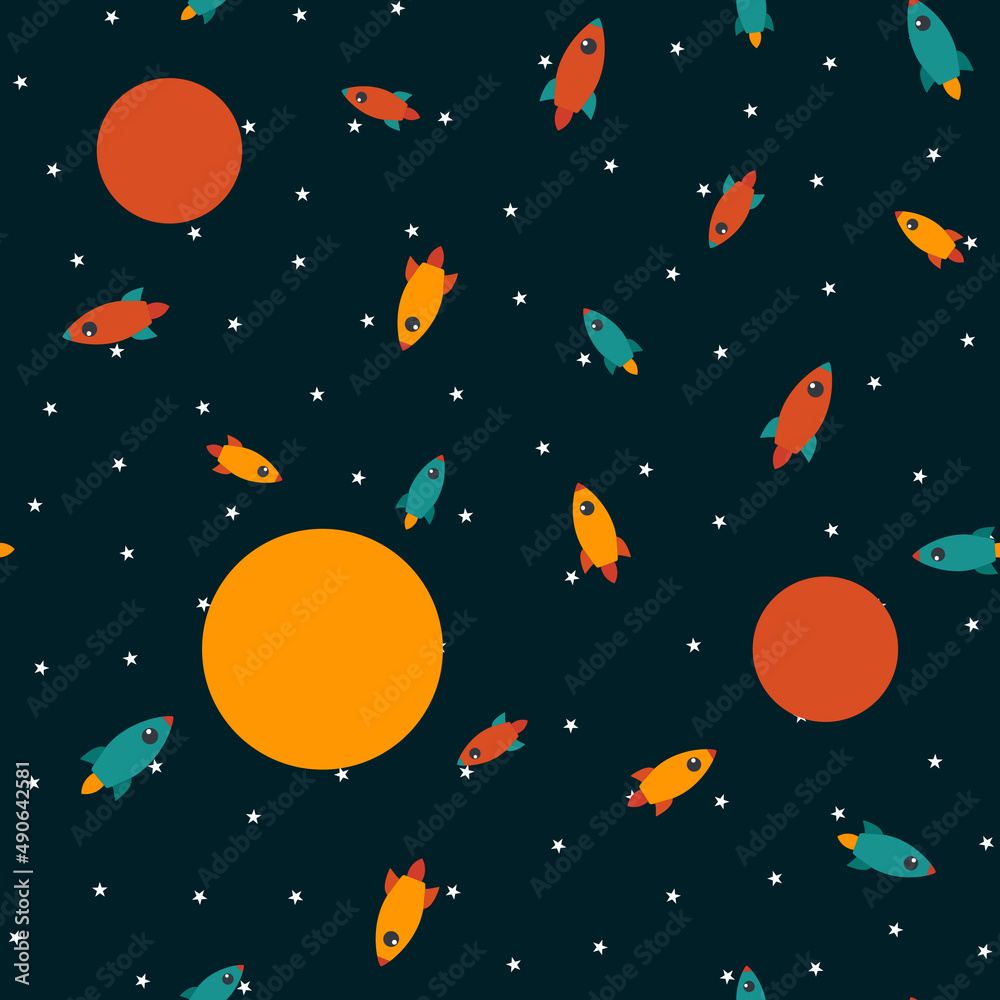 Rocket in space seamless pattern background. Illustration Rocket in space seamless pattern background. Illustration