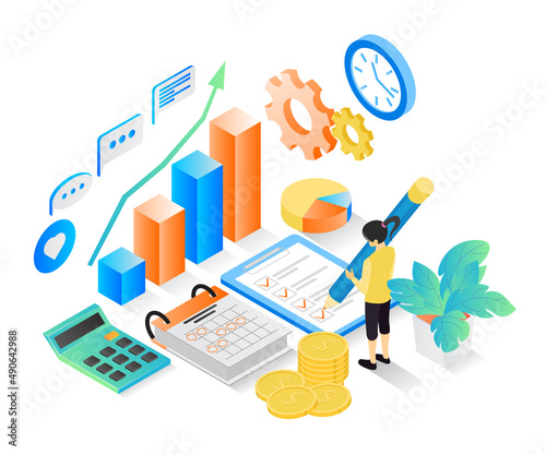 Isometric style illustration of business planning schedule with characters and date