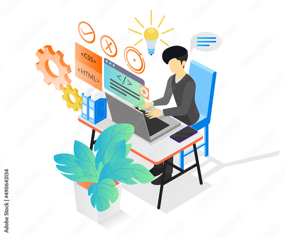 Isometric style illustration about a web programmer working with his computer