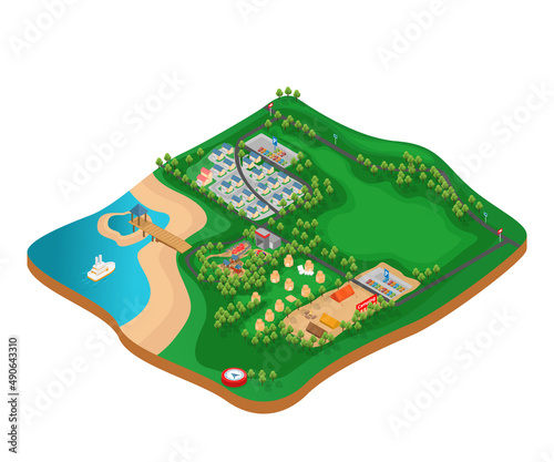 Isometric style illustration of camp site map with parking and lodging