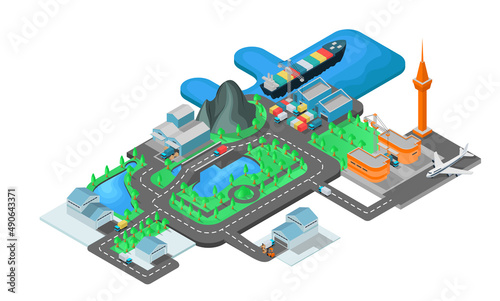 Isometric style illustration about shipping map from port and airport to warehouse