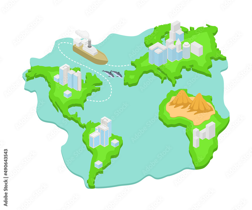 Isometric style illustration about a map of the islands between countries with passing ships Isometric style illustration about a map of the islands between countries with passing ships