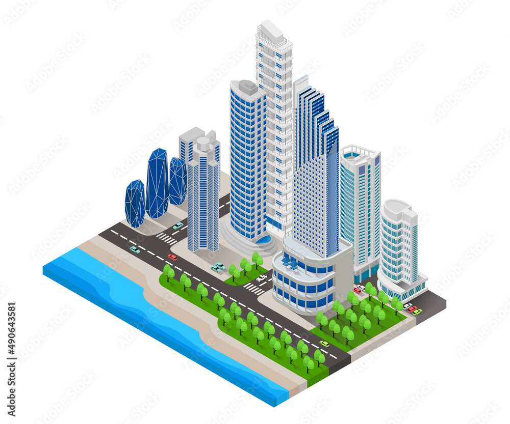 Isometric style illustration of big city map with beach and highway Isometric style illustration of big city map with beach and highway