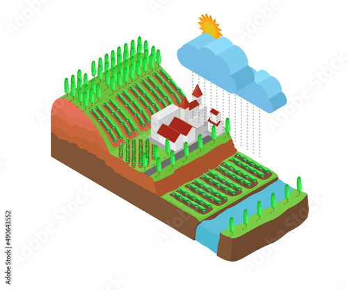 Isometric style illustration about grapes garden map on hillside