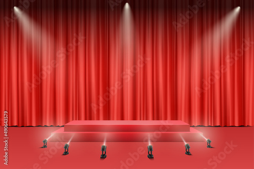 Red stage on curtain background. Vector illustration
