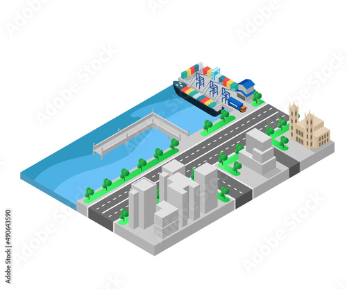 Isometric style illustration of office and warehouse in port © Husign