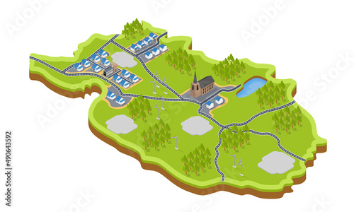 Isometric style illustration of a village map with a windmill and a church