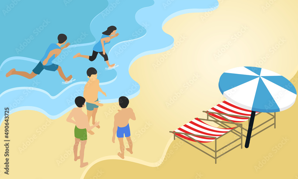 Isometric style illustration of vacationing to the beach with family