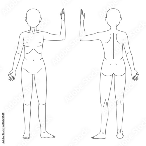 左手上げて左足を広げている人体図