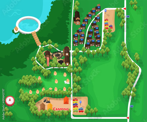 Isometric style illustration of campsite and lodging map