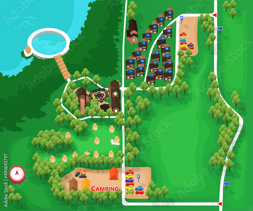 Isometric style illustration of campsite and lodging map photo