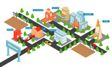 Isometric style illustration about map of the names of buildings in a film festival event