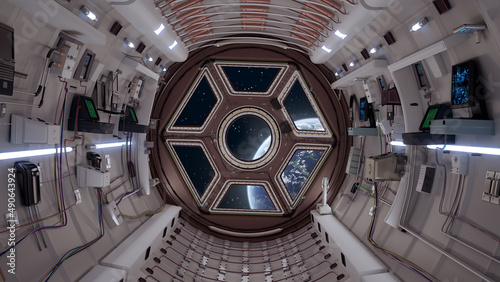 Fototapeta Naklejka Na Ścianę i Meble -  High quality 8k SciFi Spaceship Corridor,3D Rendering , shuttle interior based on the real space station  International space station.window to earth view.footage available on adobe stock video