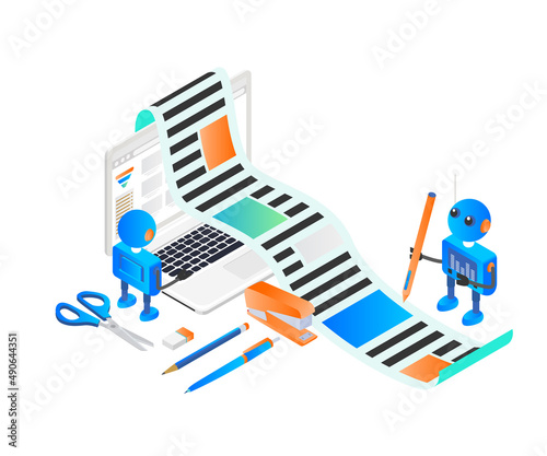 Isometric style illustration of a robot creating content
