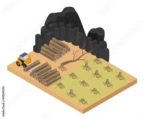 Isometric style illustration of forest destruction due to illegal logging