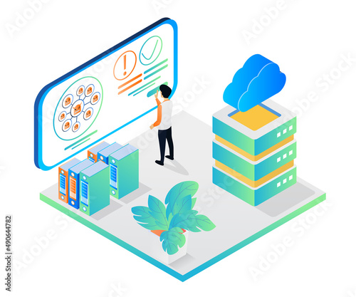 Isometric style illustration of cloud storage server protection from virus intrusion