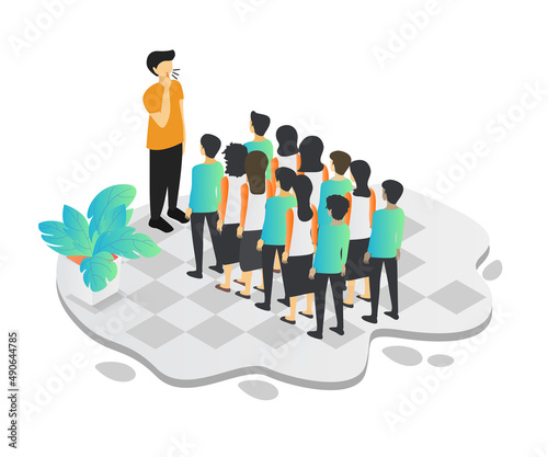 Isometric style illustration of a sports teacher with his students queuing