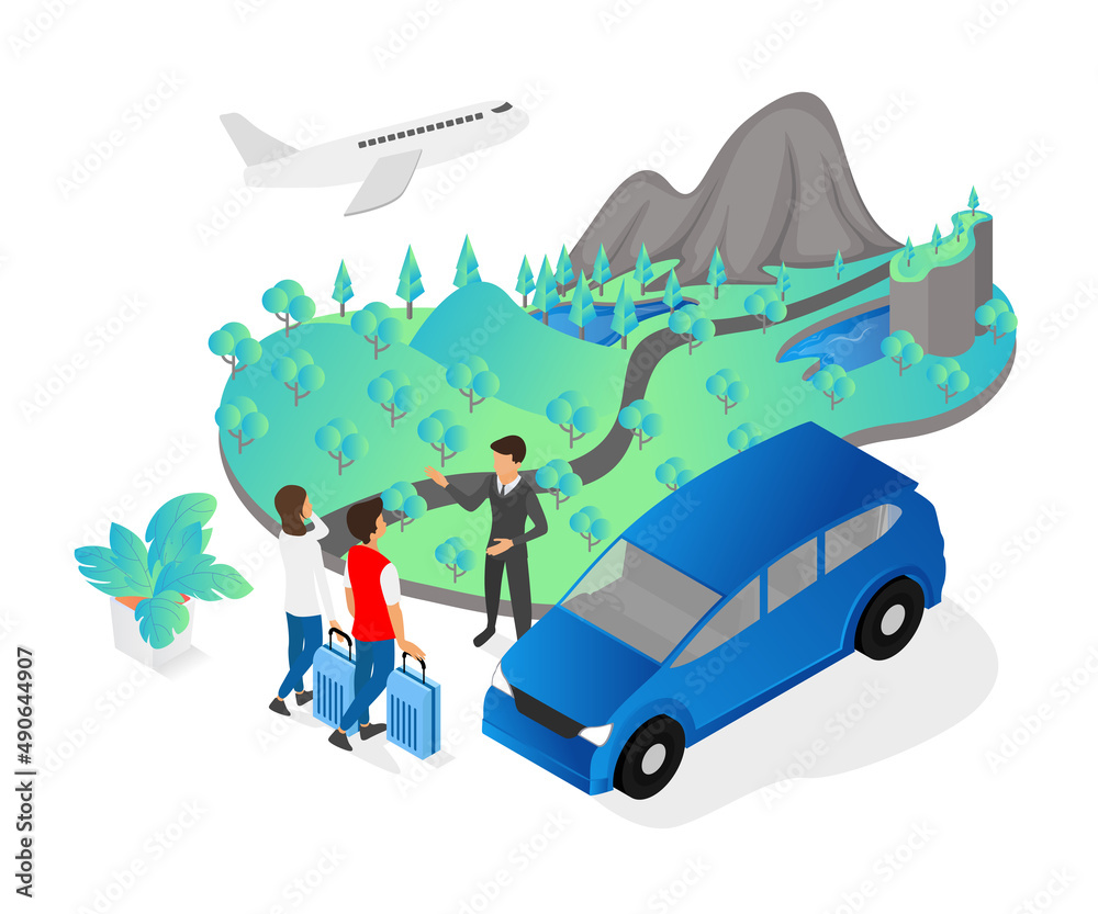 Isometric style illustration of travel car rental for traveling