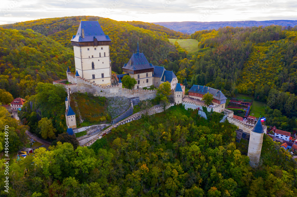 View from drone of medieval castle in Karlstejn town, Czech Republic