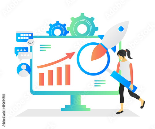Flat style illustration of data analysis with magnifying glass and rocket launch