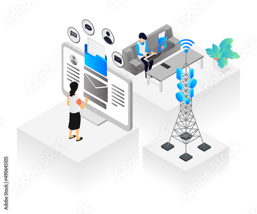 Isometric style illustration emailing client
