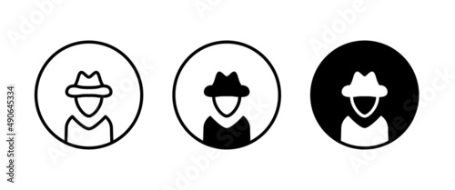Avatar man in a hat icons , Secret service agent, Spy man icon Wanted button, vector, sign, symbol, logo, illustration, editable stroke, flat design style isolated on white