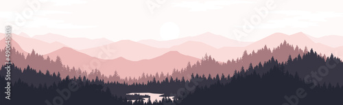 mountain and forest landscape vector illustration with sunrise and sunset in the mountains 