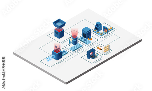 Isometric style illustration of goods packaging factory with conveyor robot and cloud storage