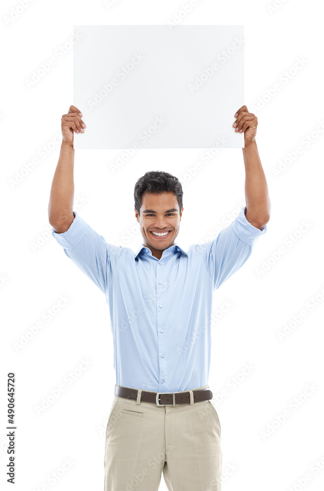 How do you like this idea. Studio shot of a young man holding a blank card for copyspace isolated on white.