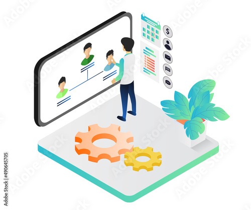 Isometric style illustration connecting online with clients and partners