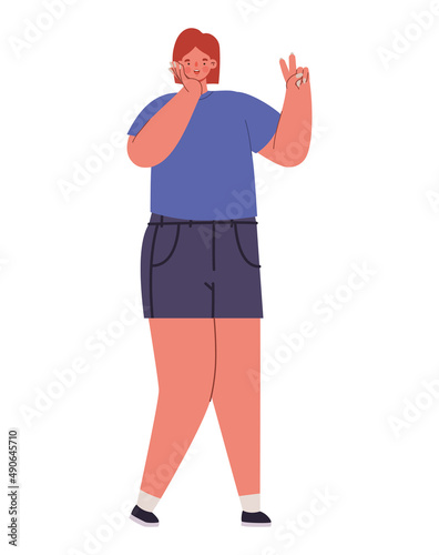 woman doing a peace symbol