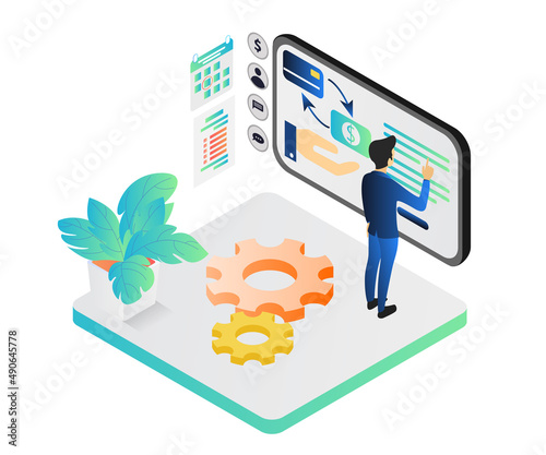 Isometric style illustration of withdrawing funds from an ATM via smartphone