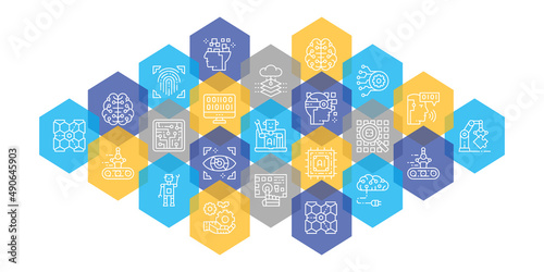 Artificial Intelligence web page banner. Robotics, Chatbot, Database, Big Data line icons concept isolated on white background.