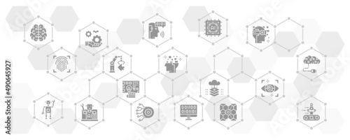 Artificial Intelligence vector banner with icons. Robotics, Chatbot, Database, Big Data web infographic