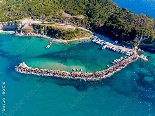 Aerial drone photos of famous Agios Stefanos harbour in corfy, Greece