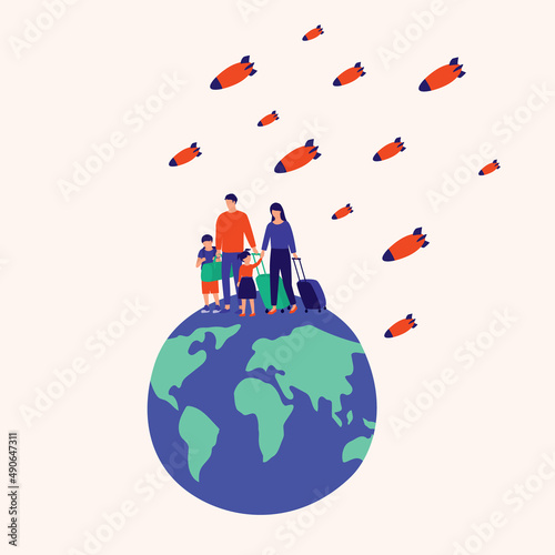 Concept Of Refugee Family Lost Their Home In The Midst Of World War.