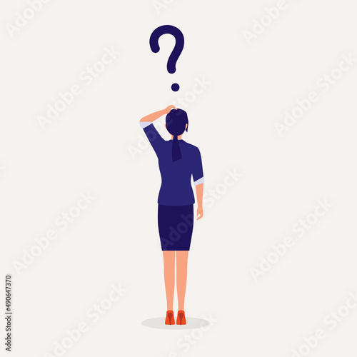 Back View Of A Young Woman In Business Wear With Question Mark.