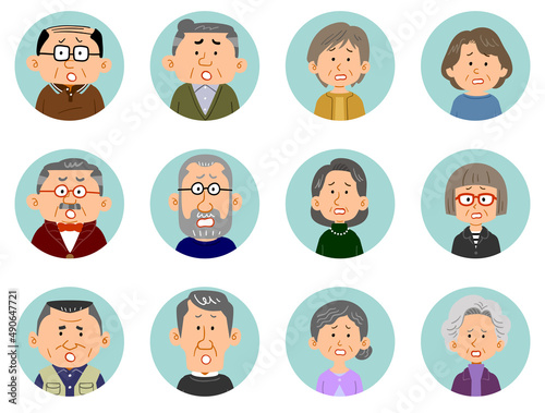 12人のシニアの男女の困惑の表情のアイコン
